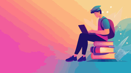 Student Engaging in Online Learning While Sitting on Stack of Books, Virtual Education, e-Learning Environment, Digital Study Session