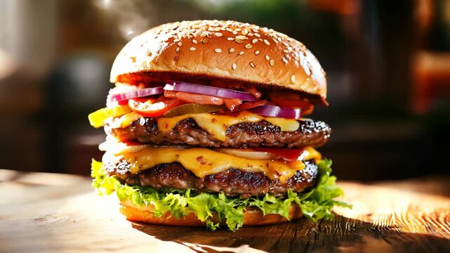 close up big  double cheese burger 