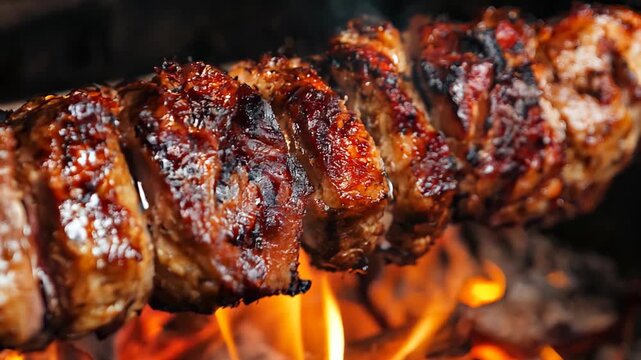 Kebab stick sizzling on fire flame look tasty