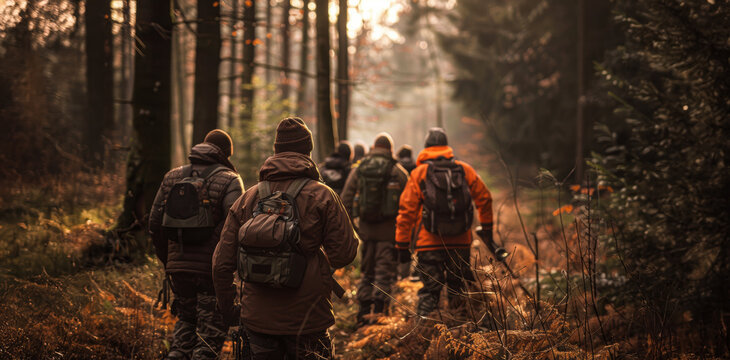 A group of hunters walking through a foggy forest in autumn, surrounded by colorful leaves and tall trees during early morning