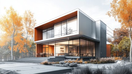 Fototapeta premium Contemporary House Design with Architectural Blueprints and 3D Visualization