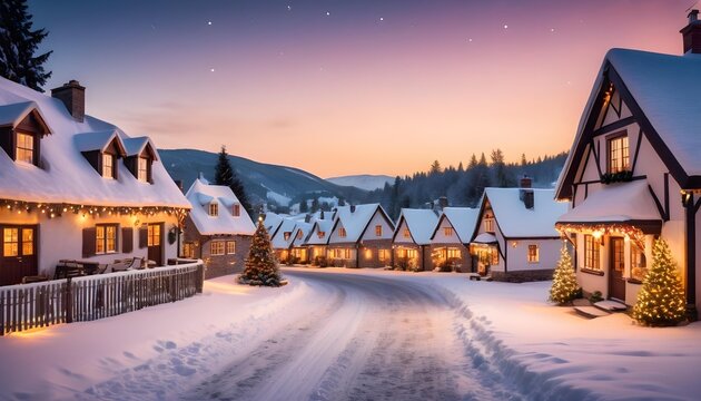 A snowy village scene at dusk with charming cottages adorned with Christmas lights, softly glowing street lamps, and snow-covered rooftops.
AI generated