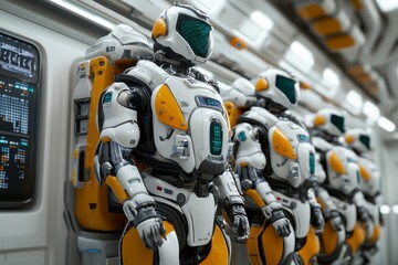 Fototapeta premium Futuristic Robots in a High Tech Facility Highlighting the Advanced Automation AI and Robotic Engineering in a Sci Fi World