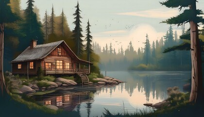 Fototapeta premium Cozy Rustic Cabin in the Woods - A vintage-style illustration of a cozy, rustic cabin nestled in the woods, surrounded by tall trees and a calm lake. Graphic art illustration