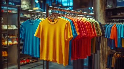 A display of colorful t-shirts hanging in a retail store.