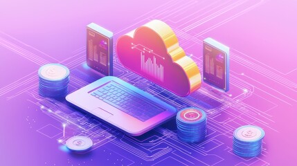 Cloud Computing with Laptop and Coins on Digital Circuit Board Background
