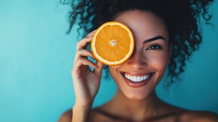 Smiling Woman Holding Orange Fruit on Blue Background