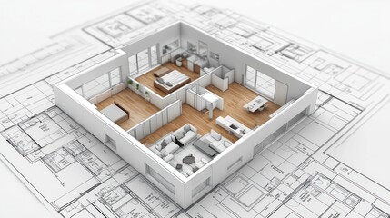 3D House Model on Architectural Blueprint, Interior Design and Floor Plan