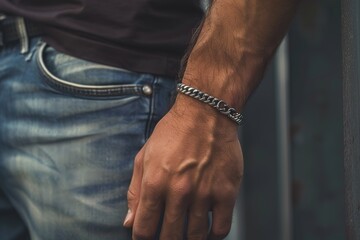 A close-up of a man's hand wearing a silver chain bracelet, showcasing style and fashion.