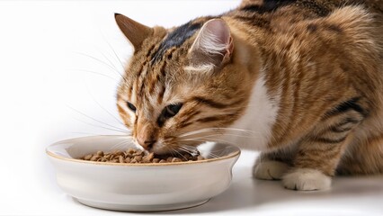 
A perfectly composed image of a cat gracefully eating dry food from a white ceramic bowl