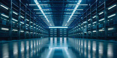 Modern industrial warehouse with bright fluorescent lighting during the day