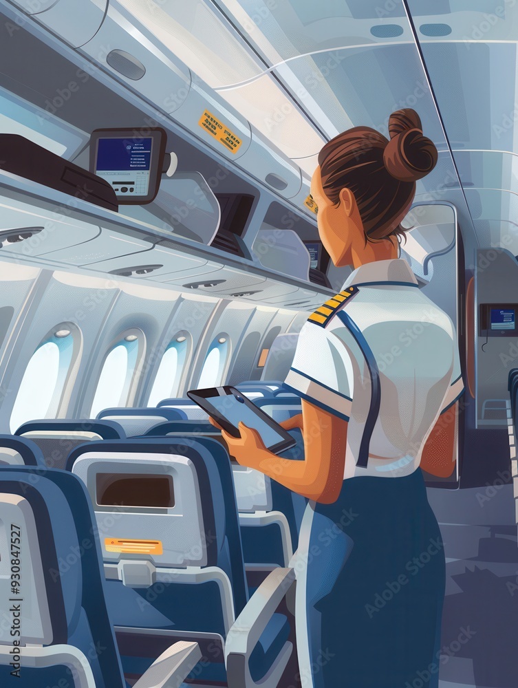 Poster a flight attendant reviews information on her tablet while standing in the aisle of a commercial air