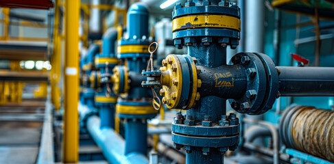 Obraz premium Industrial pipeline system with blue and yellow valves at a manufacturing facility during the day