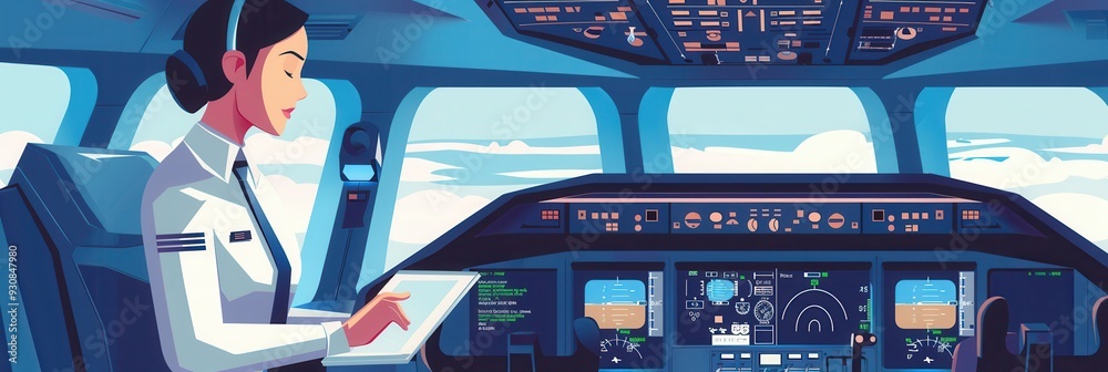 Poster a flight attendant reviews important documents while seated in the cockpit, surrounded by advanced i