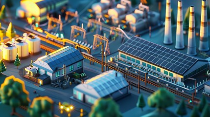 Obraz premium A vibrant industrial scene featuring buildings, pipelines, and power structures in a miniature style.