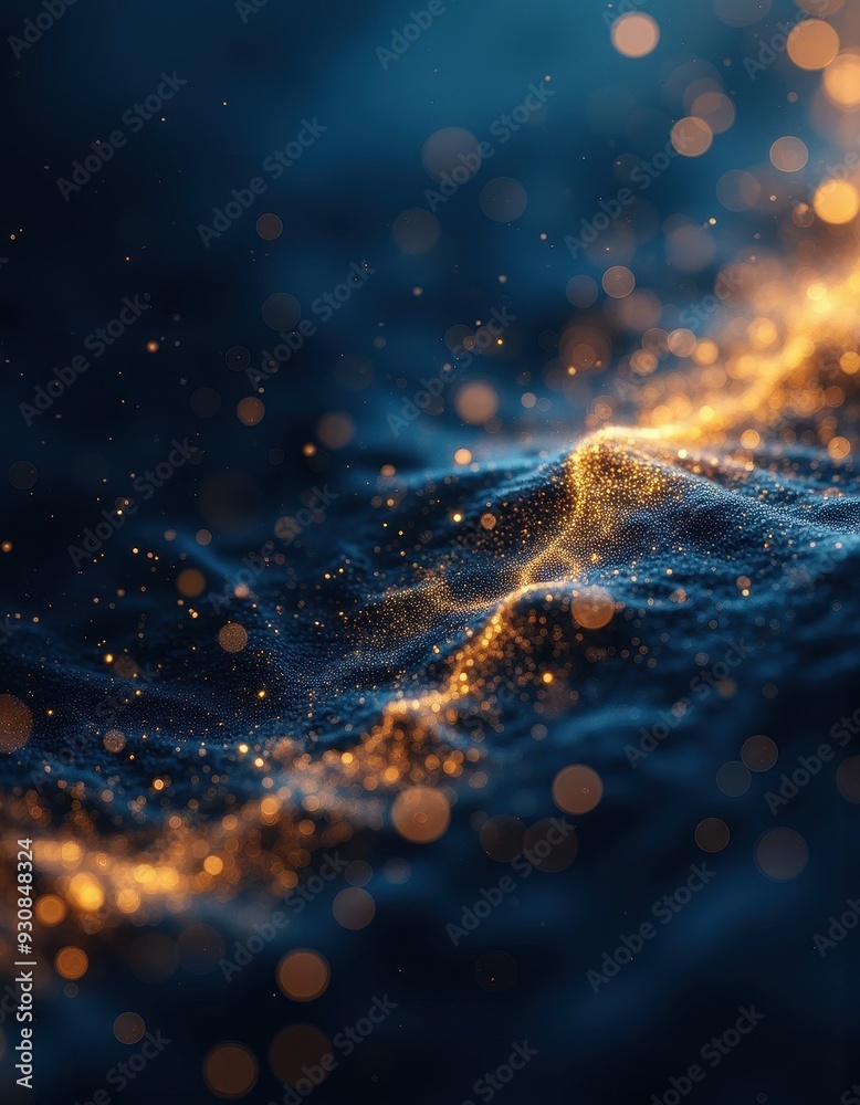 Poster abstract image featuring a flow of golden light particles on a dark blue background, creating a dyna