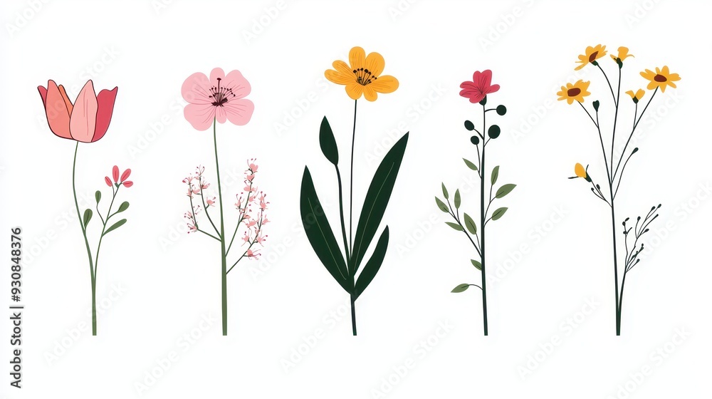 Poster Floral Illustration Set   Pink  Yellow  Red Flowers and Green Leaves on White Background