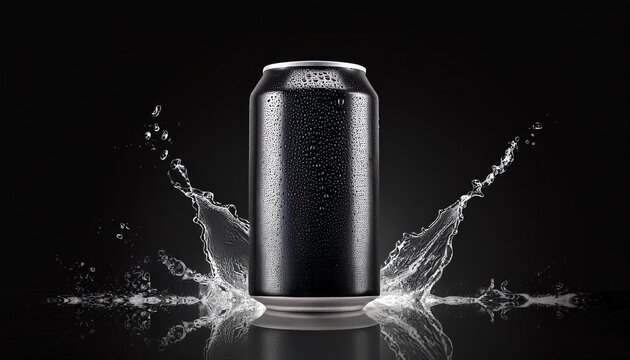 Blank black aluminum 330 ml soda can with drops splash mockup