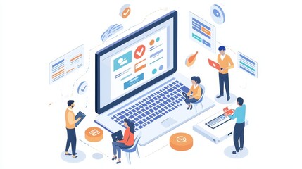 Team Working on Laptop and Digital Interfaces