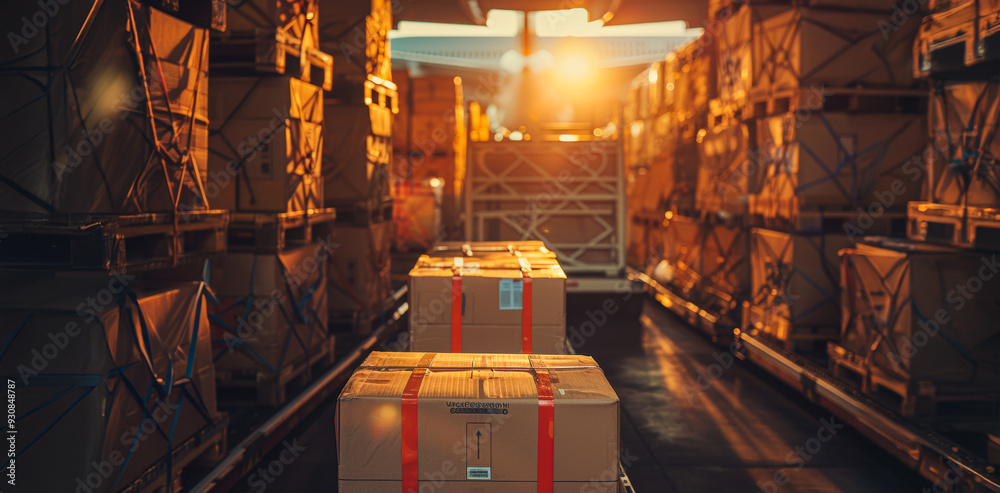 Wall mural Sunset light illuminates stacked cardboard boxes in a warehouse loading area