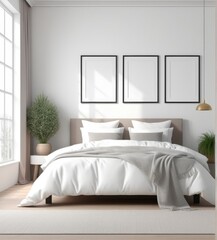plain white frame in a cozy bedroom, 3d rendering