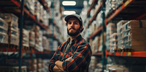 Warehouse worker stands confidently among stacked boxes in a storage facility during the evening hours