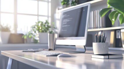 Modern Minimalist Workspace with Computer  Keyboard  and Plants
