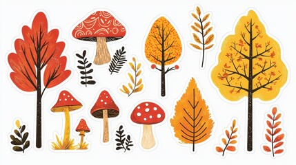 Autumn Forest Clipart Set  Trees  Mushrooms  Leaves   Fall Nature Illustrations