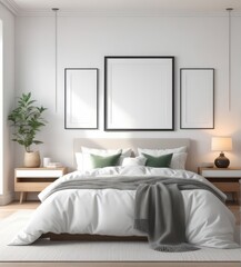 plain white frame in a cozy bedroom, 3d rendering