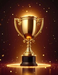 A golden trophy with elegant handles, glowing under dramatic lighting with sparkling effects, symbolizing victory and achievement.