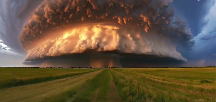 Storm clouds over field, tornadic supercell, extreme weather, dangerous storm, climate change