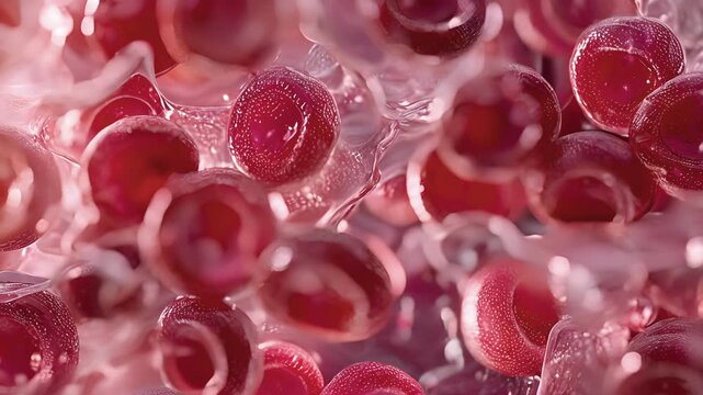 A microscopic view of a crosssection of a vessel reveals red cells each containing numerous hemoglobin molecules.