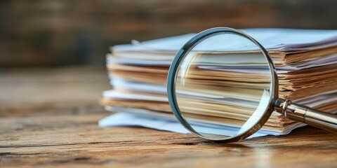 This image shows a detailed view of a stack of important documents being examined with a magnifying glass, highlighting the careful review of essential paperwork in a professional setting