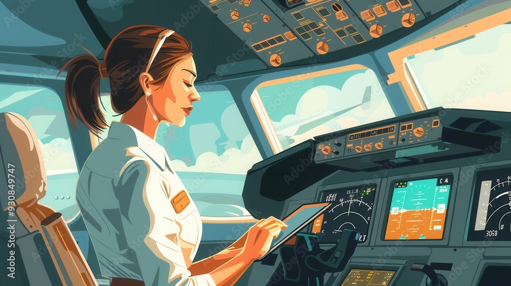 Poster A flight attendant reviews important details on a tablet while overseeing operations in the cockpit during a calm flight. Generative AI