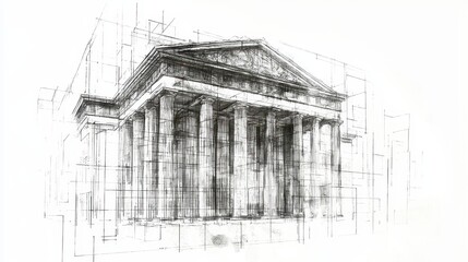 Architectural Sketch of Classic Building with Columns