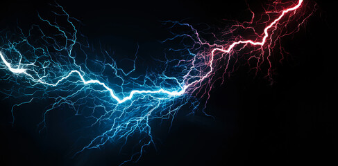 Fototapeta premium Dynamic blue and red lightning strikes in a dark background