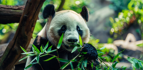 Fototapeta premium Panda eating bamboo in a lush forest setting during the daytime