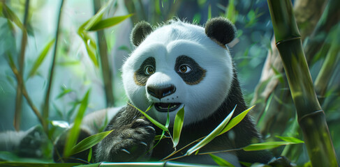Obraz premium A playful panda enjoys bamboo in a lush green forest during the daytime