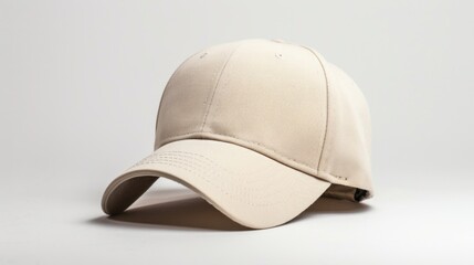 Fototapeta premium A simple beige baseball cap is placed against a neutral background. This stylish accessory can enhance any casual outfit. Perfect for sports or outdoor activities. AI