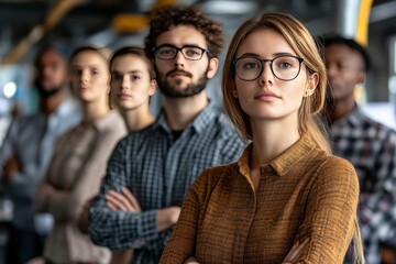 Obraz premium Woman in business attire intently focusing amidst a crowd representing leadership and determination