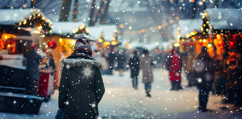 A person walks through a snowy market with festive lights during winter
