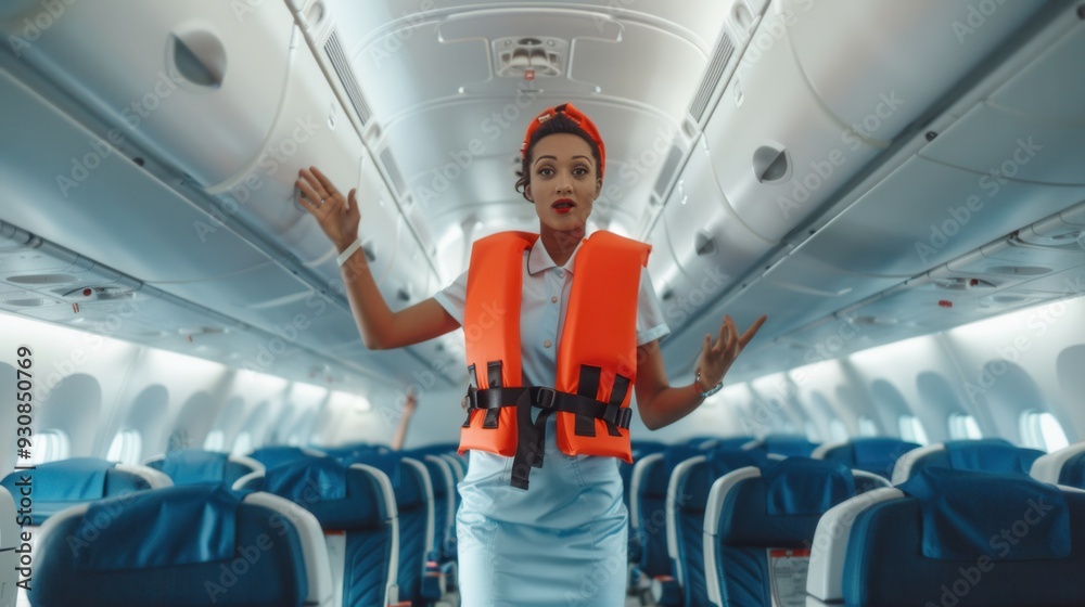 Poster a flight attendant demonstrates safety gear, engaging travelers as they prepare for departure on a r