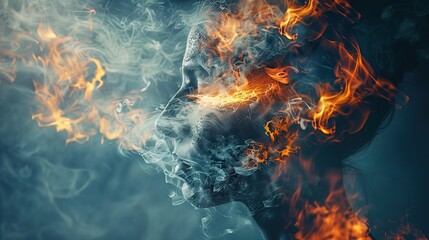 Fototapeta premium A surreal image of a face surrounded by smoke and flames, symbolizing intensity and transformation.