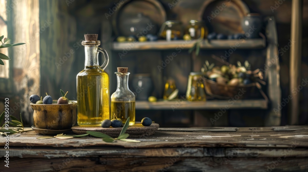 Wall mural A rustic kitchen scene featuring olive oil in elegant glass bottles. Displayed on a wooden countertop, the warm atmosphere enhances the natural beauty. Ideal for culinary themes. AI