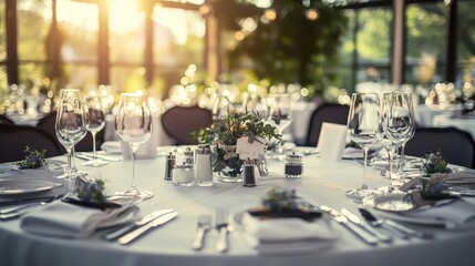 Elegant Wedding Table Setting with Flowers and Wine Glasses