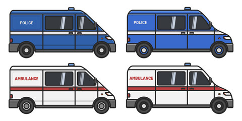 emergency ambulance police van car side view vector flat illustration