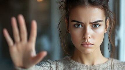 Woman with serious expression, hand raised in front. Great for projects about rejection, warning, or defiance.