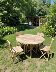 Obraz premium A round wooden table with four matching chairs set on a green, sunlit lawn, surrounded by lush greenery and trees with a shaded structure in the background.