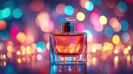 A perfume bottle sits on a table, with a colorful bokeh background. The image captures the beauty and allure of fragrance, perfect for product marketing.