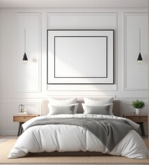 plain white frame in a cozy bedroom, 3d rendering
